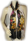 Womens Black and White Stripe Striped Hawaiian Floral Spring Flowers SCARF SCARVES WRAP 64" x 16.5"