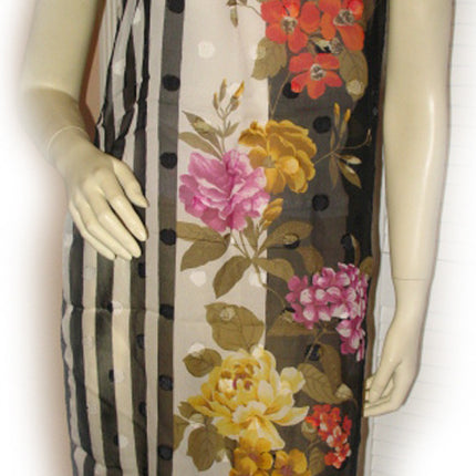 Vintage Y2K 90s Scarf Scarves Wrap 64inX16.5in Floral Print Striped Black White