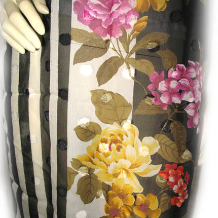 Vintage Y2K 90s Scarf Scarves Wrap 64inX16.5in Floral Print Striped Black White