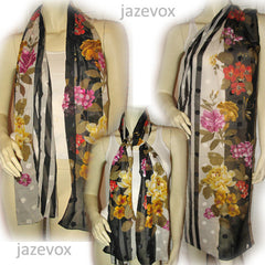 Vintage Y2K 90s Scarf Scarves Wrap 64inX16.5in Floral Print Striped Black White