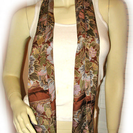 New w/Defect Vintage Y2K 90s Scarf Scarves 51.5" x 10.5" Floral Print Brown Boho