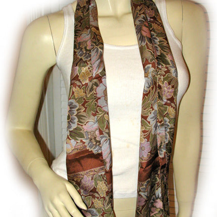 New w/Defect Vintage Y2K 90s Scarf Scarves 51.5" x 10.5" Floral Print Brown Boho