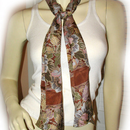New w/Defect Vintage Y2K 90s Scarf Scarves 51.5" x 10.5" Floral Print Brown Boho