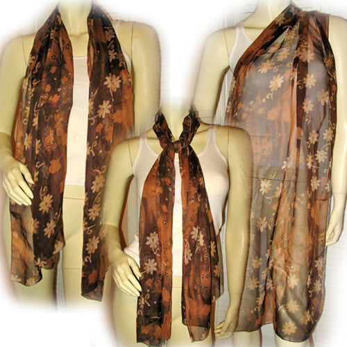 NEW Womens Brown Sheer Floral Print Flowers Pattern SCARF SCARVES WRAP 64" x 20"