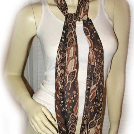 New Vintage Y2K 90s Scarf Scarves 65in X 6.5in Foliage/Floral Print Brown Preppy