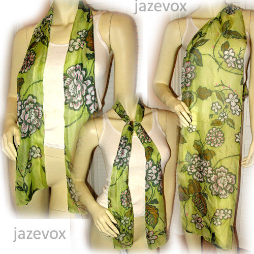 NEW Womens GREEN Hawaiian Spring Floral Flowers Print SCARF SCARVES WRAP 62"x11"