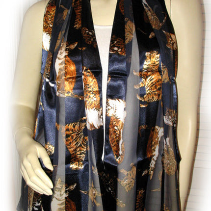 New Vintage Y2K 90s Scarf Wrap 58"X13.5" Cat Animal Print Striped Navy Blue Gold