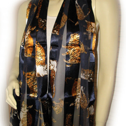New Vintage Y2K 90s Scarf Wrap 58"X13.5" Cat Animal Print Striped Navy Blue Gold