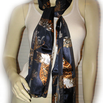New Vintage Y2K 90s Scarf Wrap 58"X13.5" Cat Animal Print Striped Navy Blue Gold