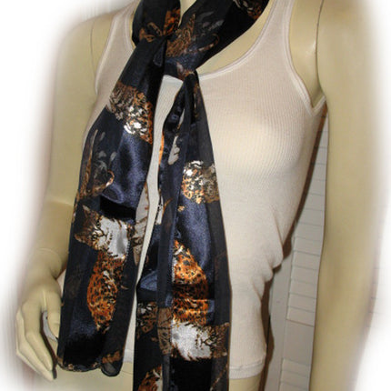 New Vintage Y2K 90s Scarf Wrap 58"X13.5" Cat Animal Print Striped Navy Blue Gold