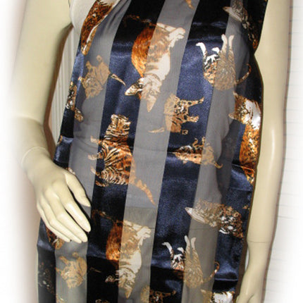 New Vintage Y2K 90s Scarf Wrap 58"X13.5" Cat Animal Print Striped Navy Blue Gold