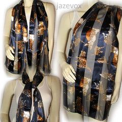 New Vintage Y2K 90s Scarf Wrap 58"X13.5" Cat Animal Print Striped Navy Blue Gold