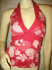 Vintage Y2K 90s Charlotte Russe Womens V-Neck Halter Top Small Floral Red White