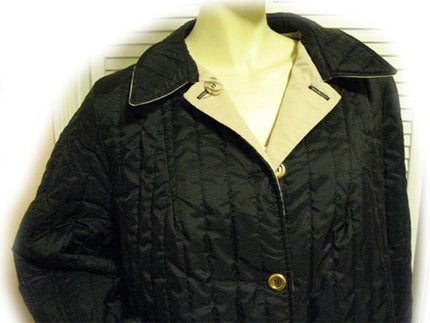Womens Long Trench Coat Reversible Winter Jacket Black Quilted / Beige Tan Khaki L-XL