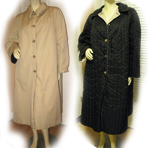 Womens Long Trench Coat Reversible Winter Jacket Black Quilted / Beige Tan Khaki L-XL