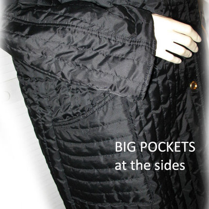 Womens Long Trench Coat Reversible Winter Jacket Black Quilted / Beige Tan Khaki L-XL