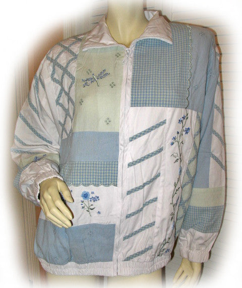 Womens Tops WHITE Blue Green Long Sleeve Floral Flowers Patch Collared Zippered JACKET Women Medium M