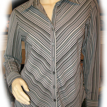 Womens Tops Multi Color Colored WHITE BLACK GREEN Pinstripe Stripe Stripes Striped Line Lines Pattern Long Sleeve Career Office Work Wear Business Attire TOP Blouse size Small Women Cheap Affordable Clothes Clothing Fashion Wear