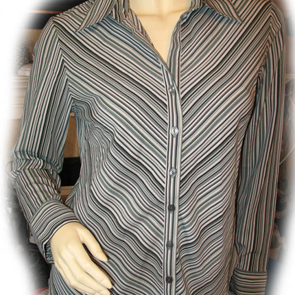 Womens Tops Multi Color Colored WHITE BLACK GREEN Pinstripe Stripe Stripes Striped Line Lines Pattern Long Sleeve Career Office Work Wear Business Attire TOP Blouse size Small Women Cheap Affordable Clothes Clothing Fashion Wear