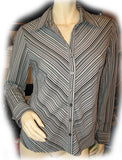 Womens Tops Multi Color Colored WHITE BLACK GREEN Pinstripe Stripe Stripes Striped Line Lines Pattern Long Sleeve Career Office Work Wear Business Attire TOP Blouse size Small Women Cheap Affordable Clothes Clothing Fashion Wear