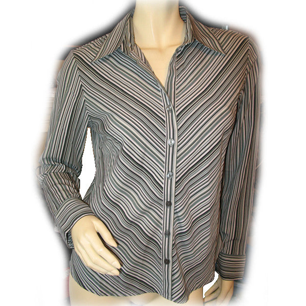 Womens Tops WHITE BLACK GREEN Pinstripe Stripe Pattern Long Sleeve Career Office Wear Business Attire TOP Small