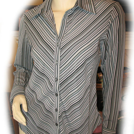 Womens Tops Multi Color Colored WHITE BLACK GREEN Pinstripe Stripe Stripes Striped Line Lines Pattern Long Sleeve Career Office Work Wear Business Attire TOP Blouse size Small Women Cheap Affordable Clothes Clothing Fashion Wear
