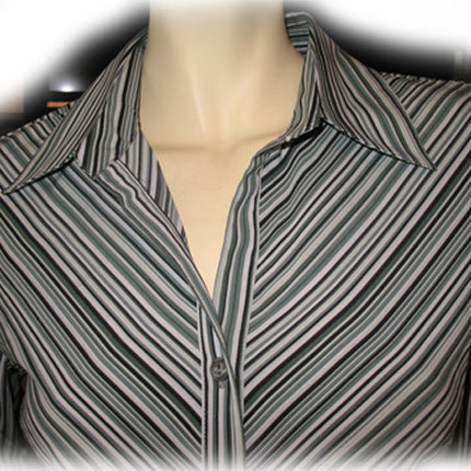 Womens Tops Multi Color Colored WHITE BLACK GREEN Pinstripe Stripe Stripes Striped Line Lines Pattern Long Sleeve Career Office Work Wear Business Attire TOP Blouse size Small Women Cheap Affordable Clothes Clothing Fashion Wear