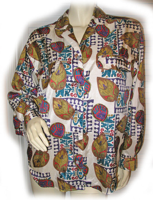 dress shirt retro print women Colorful Silk Shirt, Retro Silk Blouse With Long Sleeves Vintage 70s Style Festival Top, Geometric Print Pastel Silk Clothing Gift for Her