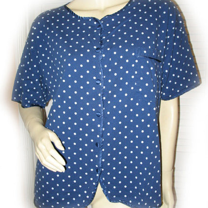 Womens Tops NAVY BLUE WHITE POLKA DOT DOTS Pattern Prints Short Sleeve Button Shirt M-L