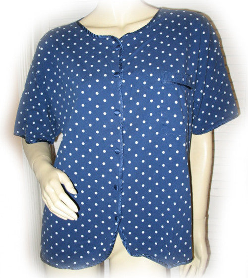 Womens Tops NAVY BLUE WHITE POLKA DOT DOTS Pattern Prints Short Sleeve Button Shirt M-L