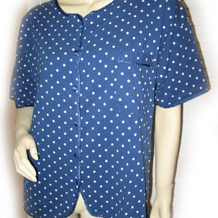 Womens Tops NAVY BLUE WHITE POLKA DOT DOTS Pattern Prints Short Sleeve Button Shirt M-L