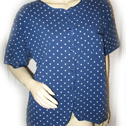 Womens Tops NAVY BLUE WHITE POLKA DOT DOTS Pattern Prints Short Sleeve Button Shirt M-L