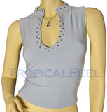 NEW Womens Cropped Tops Crop Summer Tops Light BLUE Sleeveless Clubwear Club Wear Clubbing Attire TOP Silver Metal Polka Dots Studs Deep U-Neck Women Summer Clothes Casual Clothing
