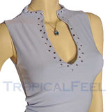 NEW Womens Cropped Tops Crop Summer Tops Light BLUE Sleeveless Clubwear Club Wear Clubbing Attire TOP Silver Metal Polka Dots Studs Deep U-Neck Women Summer Clothes Casual Clothing