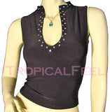 NEW Womens Cropped Tops Crop Summer Tops BLACK Sleeveless Clubwear Club Wear Clubbing Attire TOP Silver Metal Polka Dots Studs Deep U-Neck Women Summer Clothes Casual Clothing