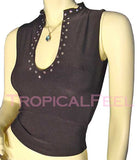 NEW Womens Cropped Tops Crop Summer Tops BLACK Sleeveless Clubwear Club Wear Clubbing Attire TOP Silver Metal Polka Dots Studs Deep U-Neck Women Summer Clothes Casual Clothing