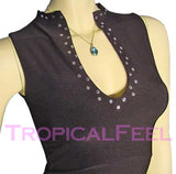 NEW Womens Cropped Tops Crop Summer Tops BLACK Sleeveless Clubwear Club Wear Clubbing Attire TOP Silver Metal Polka Dots Studs Deep U-Neck Women Summer Clothes Casual Clothing