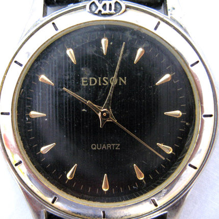 EDISON Womens Mens Unisex BLACK DIAL GOLD Wristwatch WATCH Leather Band