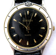 EDISON Womens Mens Unisex BLACK DIAL GOLD Wristwatch WATCH Leather Band