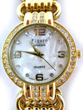 NEW Womens Watches FIGARO Gold Tone Simulated Diamond Stones Diamonds Crystal Glass Stone Mother of Pearl Bracelet Sea Shell Shells Seashell Seashells Ladies WATCH for Women Fashion Style Accessory Accessories Chain Chains Chained Bracelet Bracelets