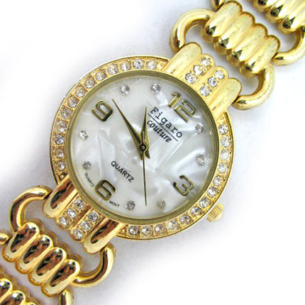 NEW Womens Watches FIGARO Gold Tone Simulated Diamond Stones Diamonds Crystal Glass Stone Mother of Pearl Bracelet Sea Shell Shells Seashell Seashells Ladies WATCH for Women Fashion Style Accessory Accessories Chain Chains Chained Bracelet Bracelets