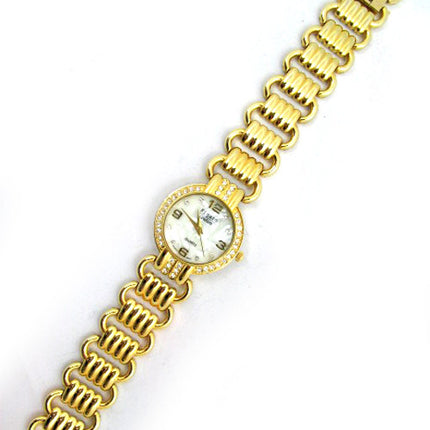 NEW Womens Watches FIGARO Gold Tone Simulated Diamond Stones Diamonds Crystal Glass Stone Mother of Pearl Bracelet Sea Shell Shells Seashell Seashells Ladies WATCH for Women Fashion Style Accessory Accessories Chain Chains Chained Bracelet Bracelets