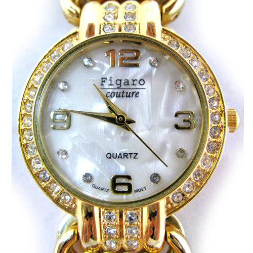 NEW Womens Watches FIGARO Gold Tone Simulated Diamond Stones Mother of Pearl Bracelet Ladies WATCH For Women